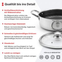 Kochtopf  Ø 24 - 28 cm – Edelstahl Induktion niedriger Topf mit Antihaft-Wabenstruktur, Glasdeckel & ergonomischen Griffen, spülmaschinenfest & langlebig