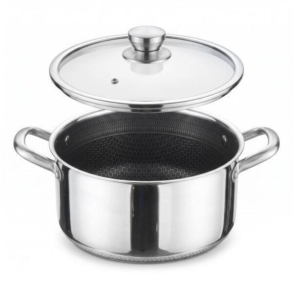Kochtopf Ø20 - 32 cm – Edelstahl Induktion Topf mit Antihaft-Wabenstruktur, Glasdeckel & ergonomischen Griffen, spülmaschinenfest & langlebig